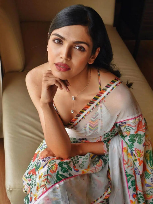 Shriya Inspired White Printed Georgette Rimjhim Saree