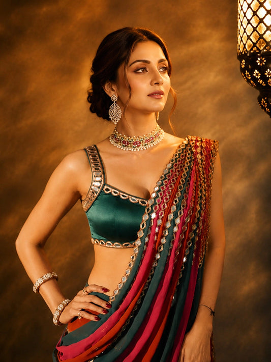 Shilpa Inspired Multi-Colored Georgette Mirror Embroidered Saree-71987385761873