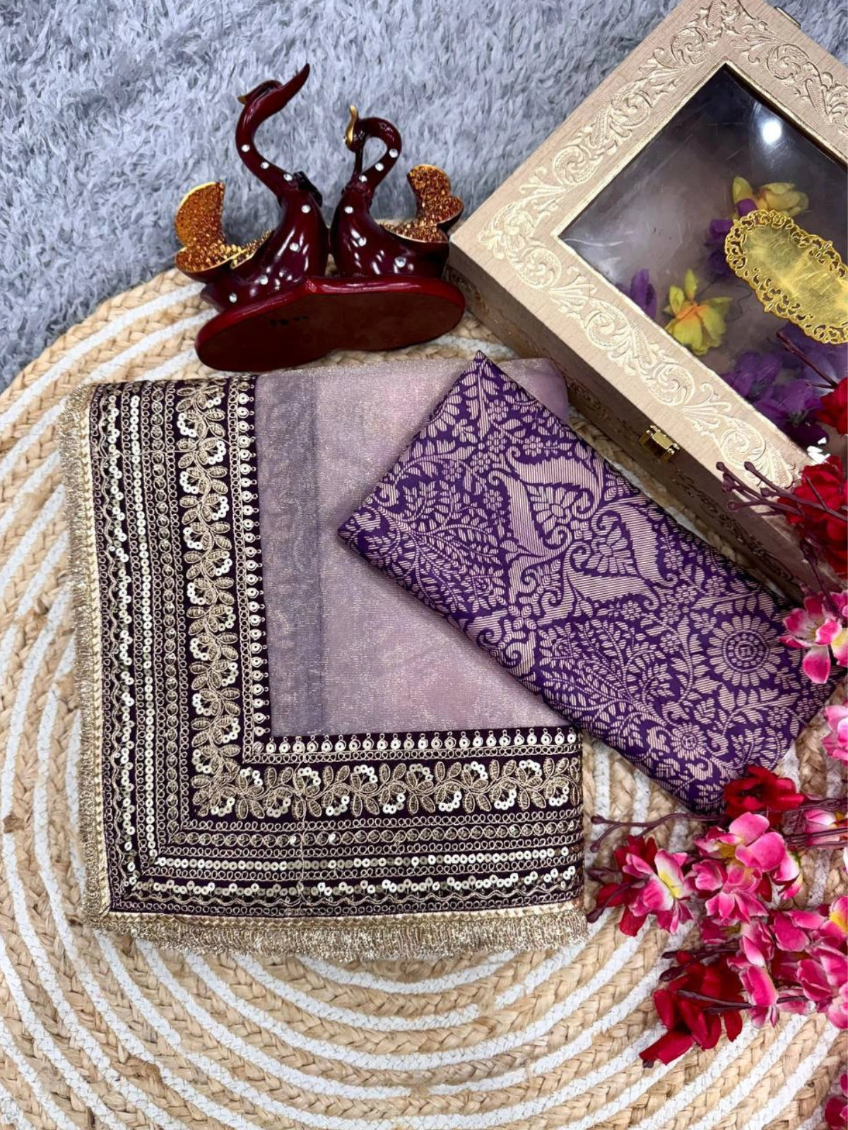 Surabhi Inspired Onion Pink Saree with Gold and Brown Embroidered Borders-67246656192593