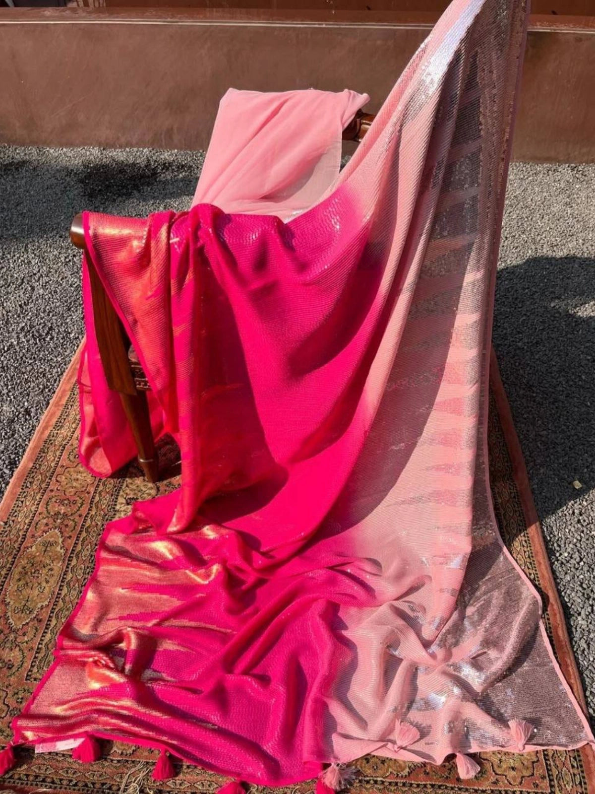 Bollywood Inspired Heavy Zari Pink Saree with Dual Colour Piping-71216293019729