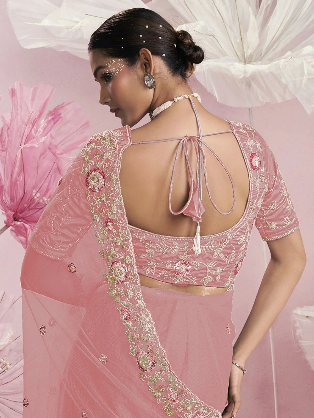Bollywood-Inspired Pink Net Embellished Saree for Women-67888977084497