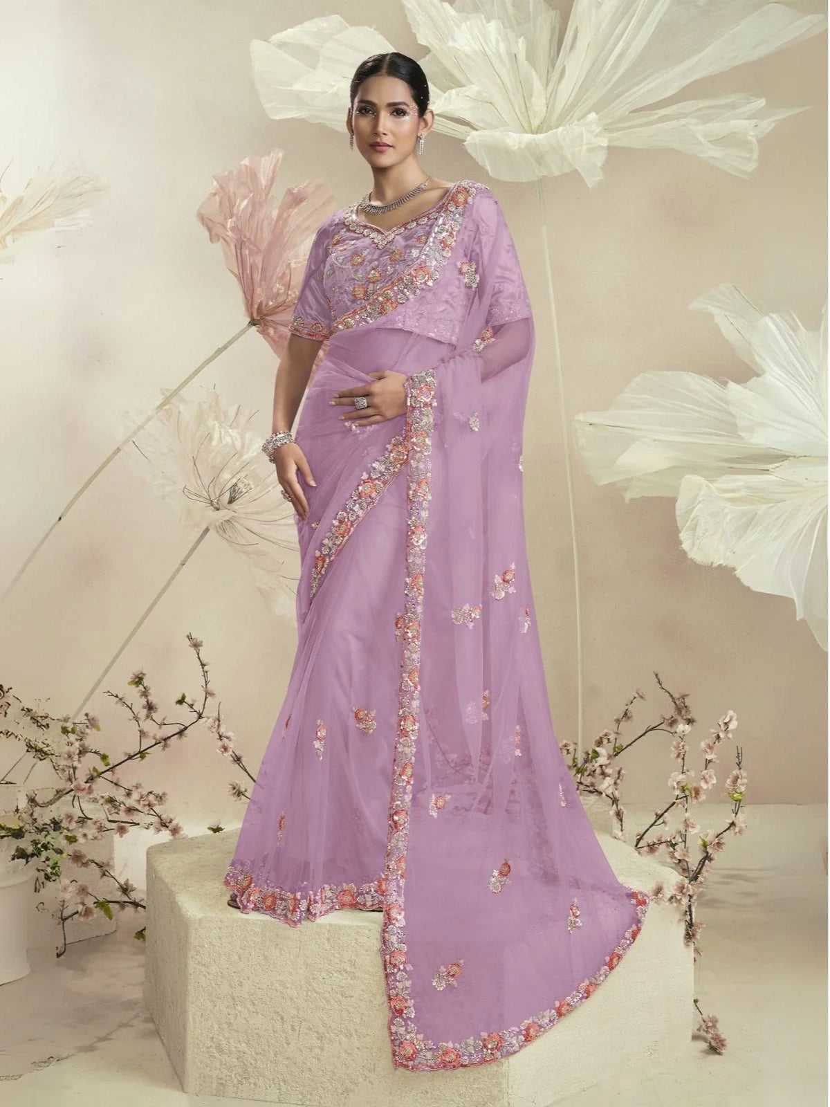 Bollywood-Inspired Lavender Net Embellished Saree for Women-67889162846289