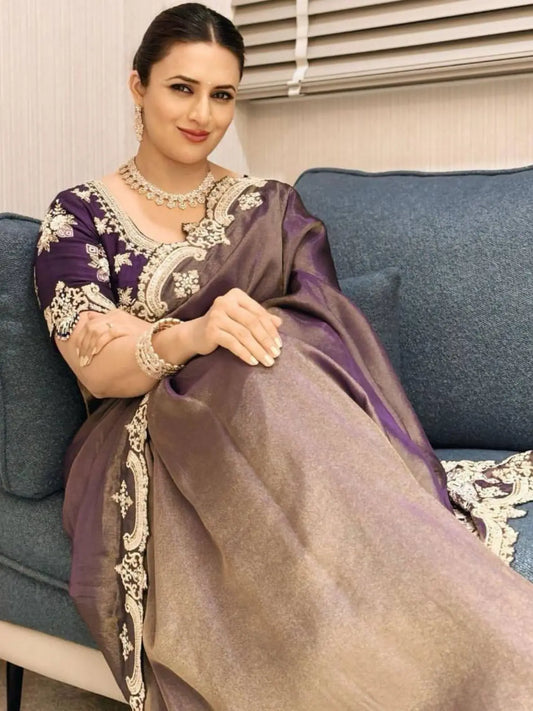 Divyanka Inspired Copper Gold Sequence Embroidery Silk Blend Saree