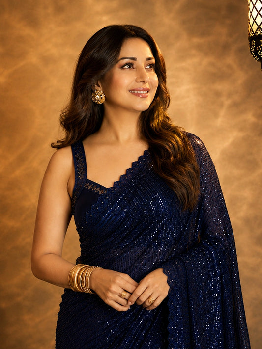 Shreya Inspired Blue and Gold Sequin Saree-71987412369489