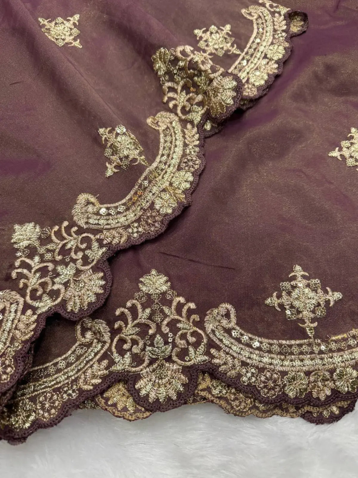 Copper Gold Sequence Embroidery Silk Blend Saree-67189206614097