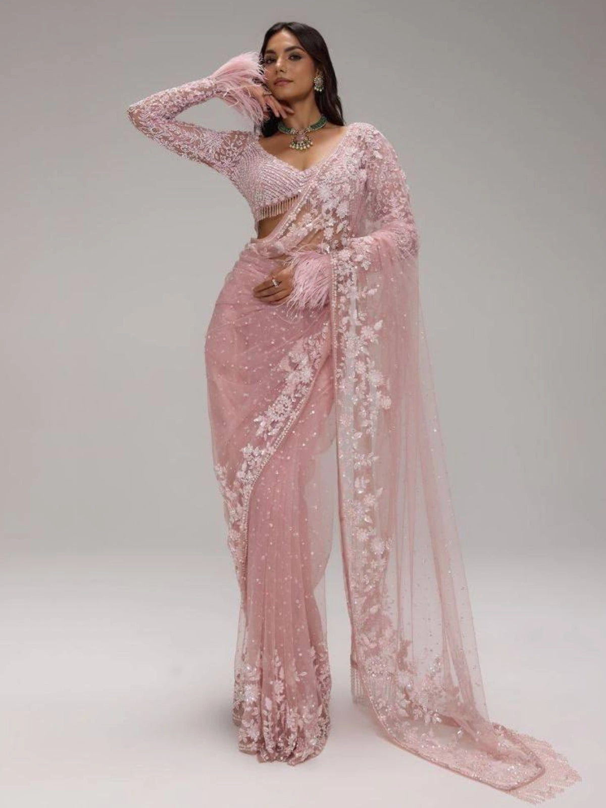 Bollywood Inspired Pink Net Saree with Sequins & Thread Embroidery-71216301408337