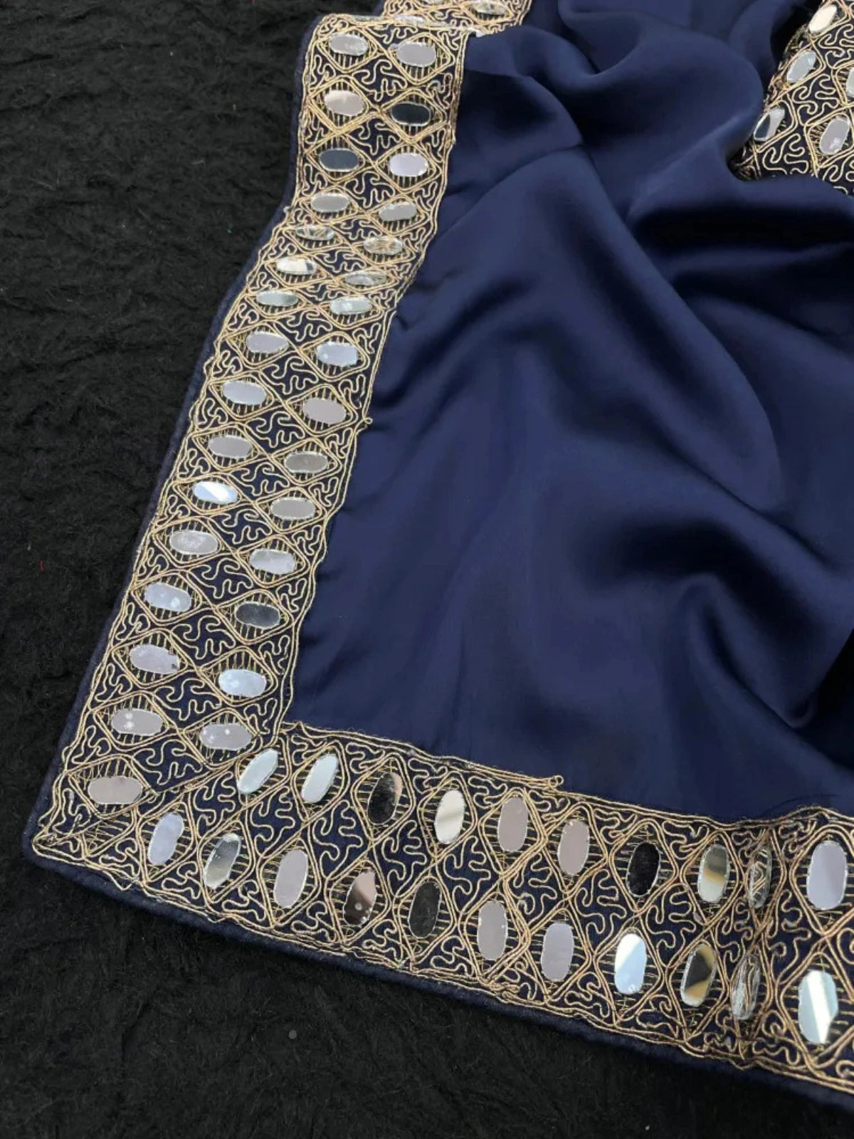 Rakul Inspired Satin Saree With Embroidery Lace and Real Mirror-67911152992337