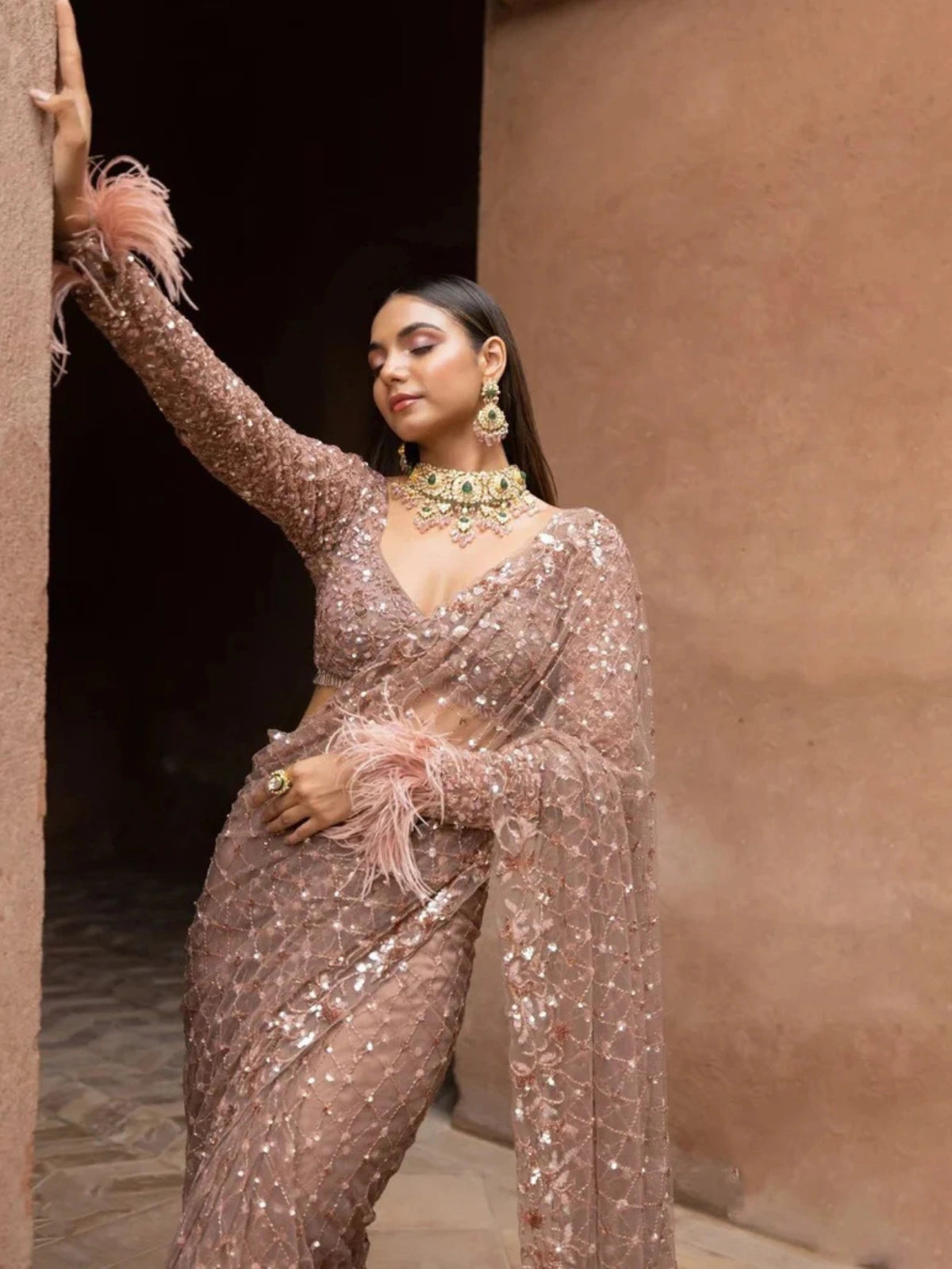 Bollywood-Inspired Onion Net Saree with Sequins and Embroidery-70295755358289