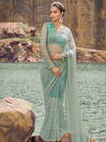 Bollywood Inspired Aqua Blue Net Saree with Stunning Sheer Embellishments