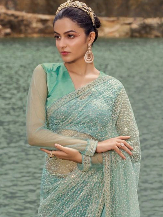 Bollywood Inspired Aqua Blue Saree with Stunning Sheer Embellishments