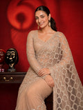 Bollywood-Inspired Beige Sequin & Bead Soft Net Saree with Unstitched Blouse
