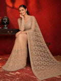 Bollywood-Inspired Beige Sequin & Bead Soft Net Saree with Unstitched Blouse