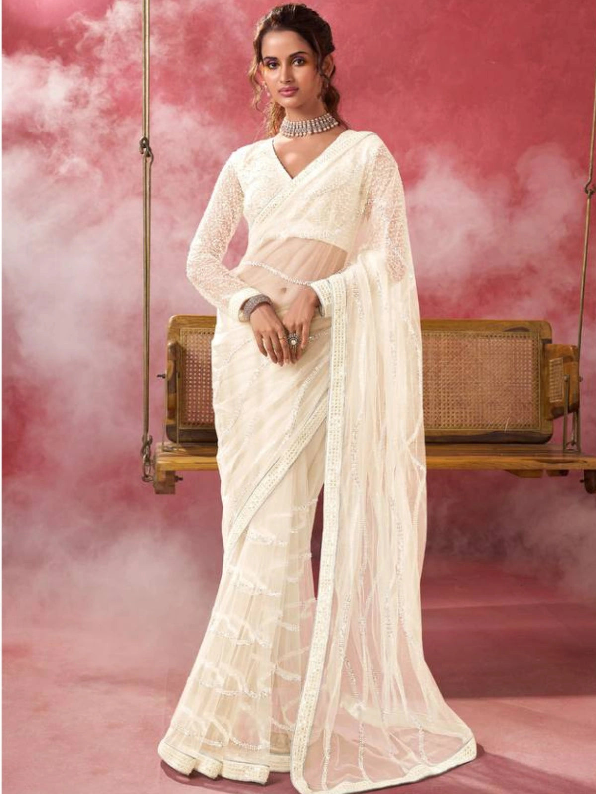 Bollywood Inspired Off-White Net Saree with Handcrafted Sequin Embroidery-67249531715665