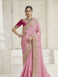 Bollywood Inspired Pink Handwork Zari Cord Tissue Viscose Saree with Designer Blouse