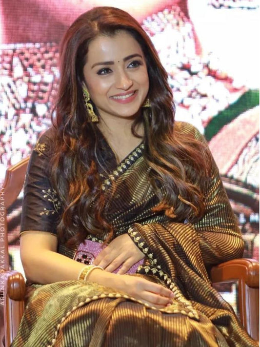 Trisha Inspired Black Saree with Gold Stripes and Rich Zari Design