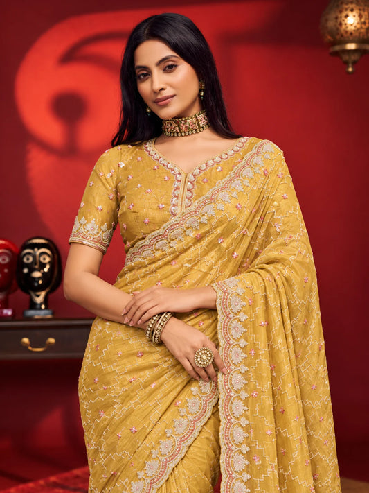 Bollywood Inspired Mustard Yellow Embroidered Net Saree with Intricate Border-73696097075281