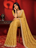 Bollywood Inspired Mustard Yellow Embroidered Net Saree with Intricate Border