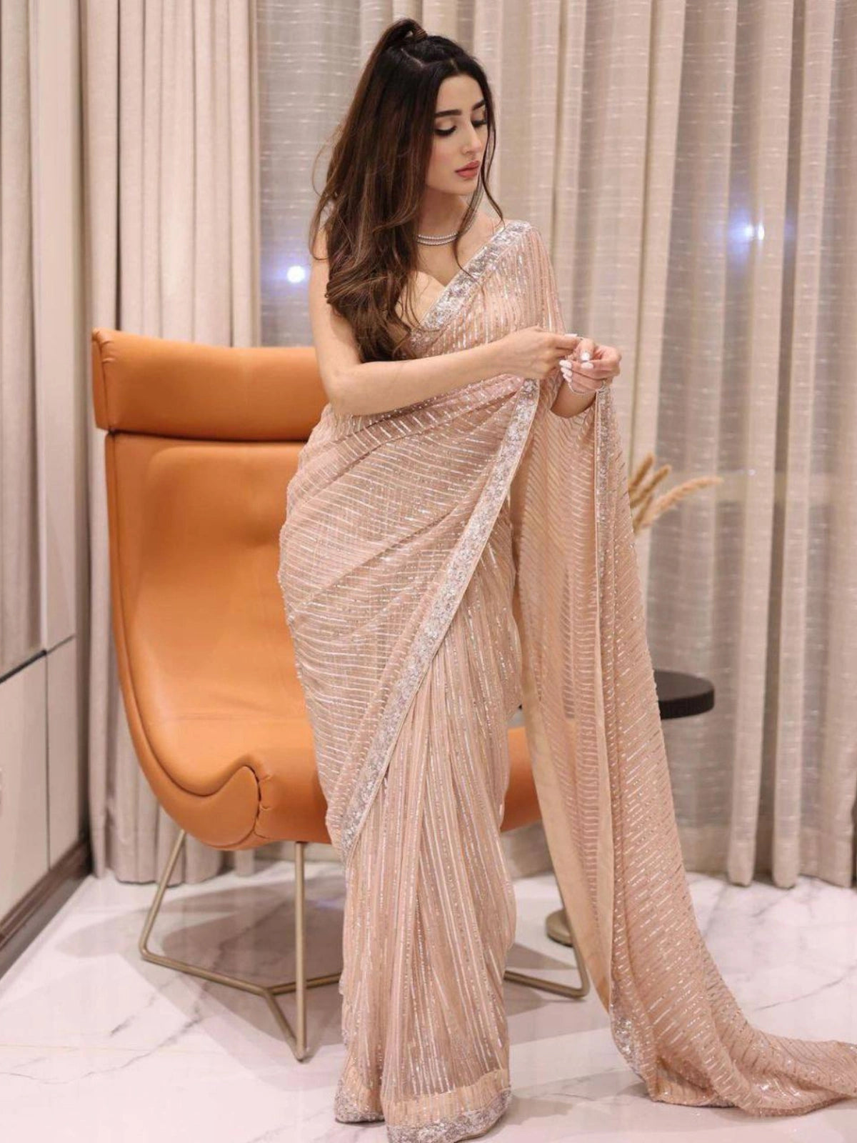 Bollywood Inspired Heavy Georgette Sequins Embroidery Peach Saree-67250037588049