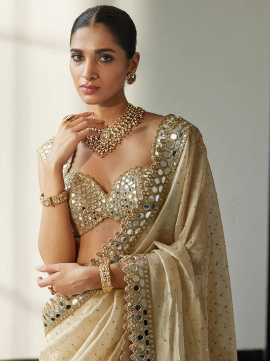 Bollywood Inspired Organza Real Mirror Work Saree with Free Size Blouse