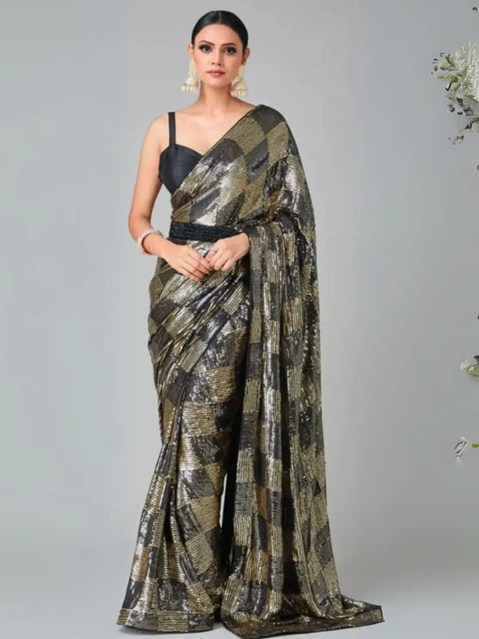 Bollywood Inspired Heavy Georgette Sequins Black Saree