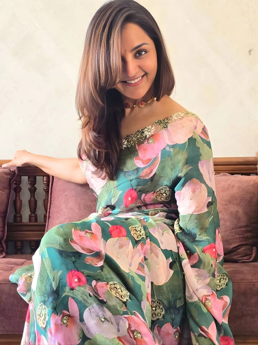 Manju Inspired Lightweight Floral Print Saree with Delicate Embroidery and Pink Blouse-70454661546065