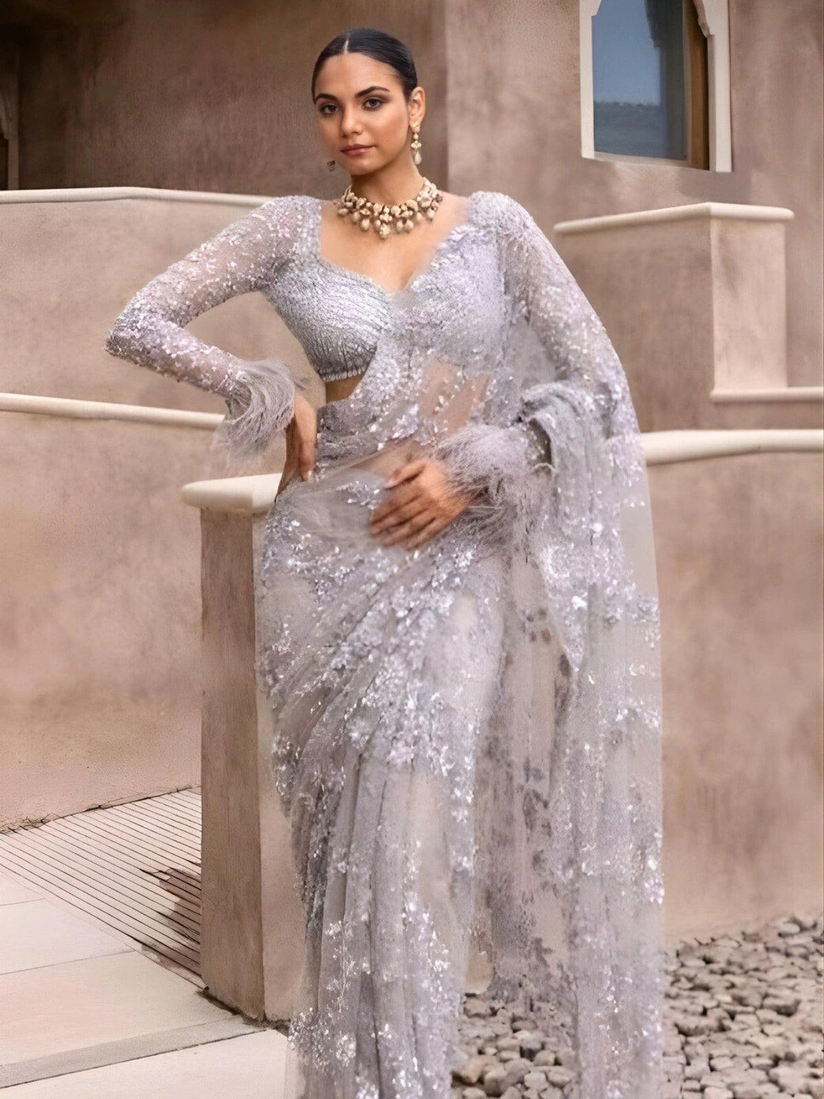 Bollywood Inspired Sequins Designer Purple Net Saree-70430126932049