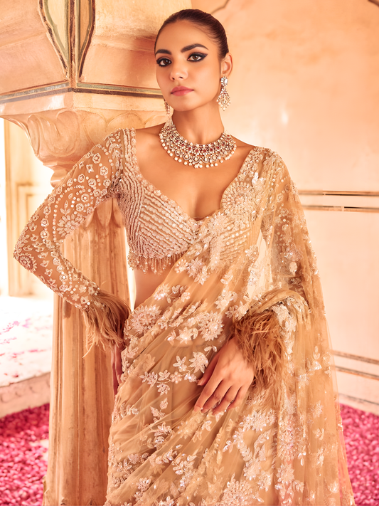 Bollywood Inspired Embroidered Golden Net Saree With Jhalar Border-70449991680081