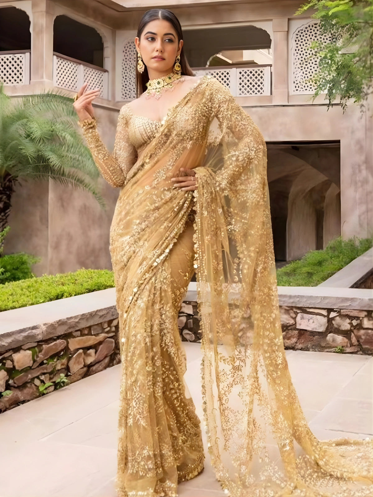 Bollywood Inspired Embroidered Golden Net Saree With Coin Lace-70430168154193