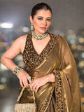 Bollywood Inspired Gold Saree with Black & Gold Embroidery and Unstitched Blouse