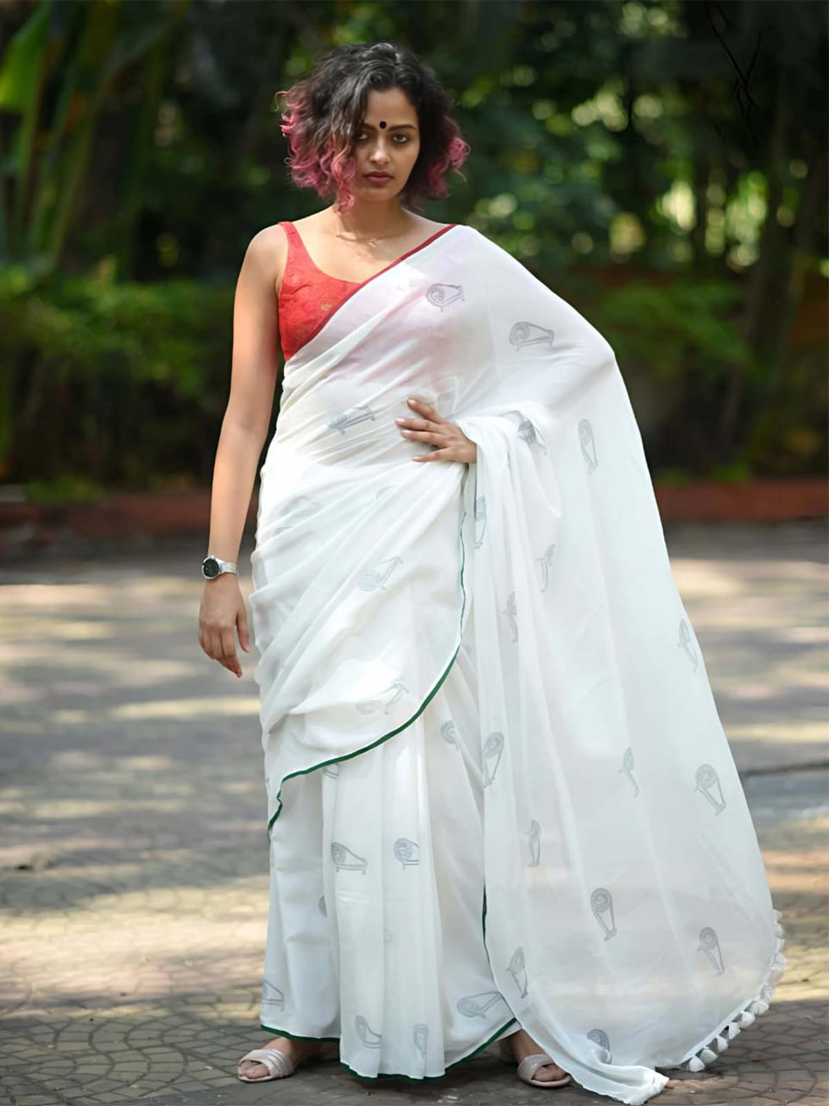 Cotton Saree with Charkha Print | Republic Day Special in White-28481978204241