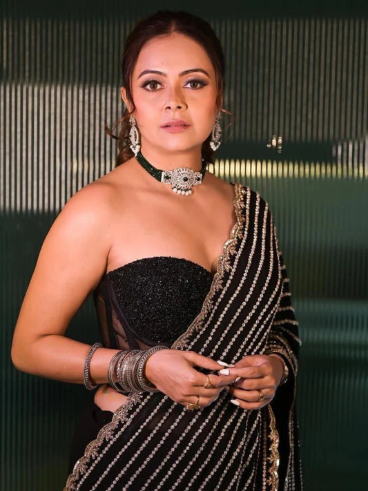 Devoleena Inspired Black Georgette Sequins Embroidery Saree