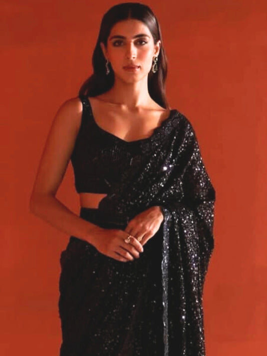Bollywood Inspired Designer Fancy Georgette Sequins Black Saree