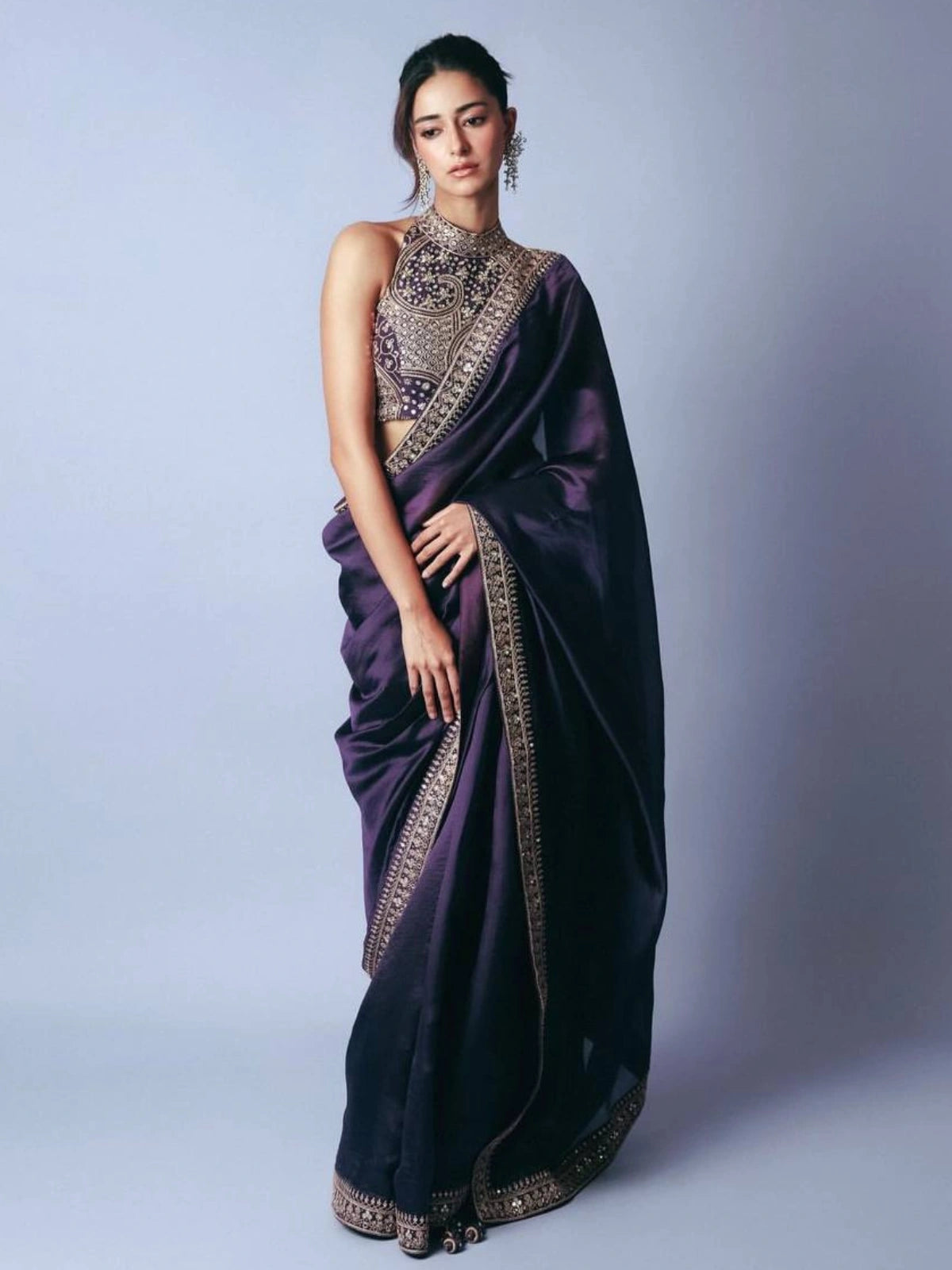 Ananya Inspired Purple Saree with Thread & Sequin Embroidery-67258969227345