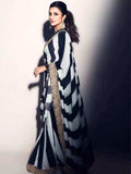 Parineeti Inspired Black & White Striped Printed Georgette Saree