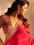 Samyuktha Inspired Red Saree with Golden Embroidery and Matching Designer Blouse Piece
