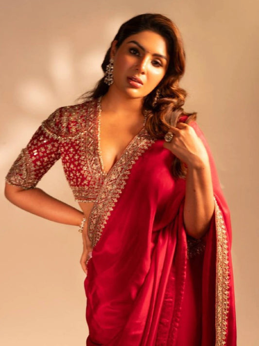 Samyuktha Inspired Red Saree with Golden Embroidery and Matching Designer Blouse Piece