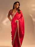 Samyuktha Inspired Red Saree with Golden Embroidery and Matching Designer Blouse Piece