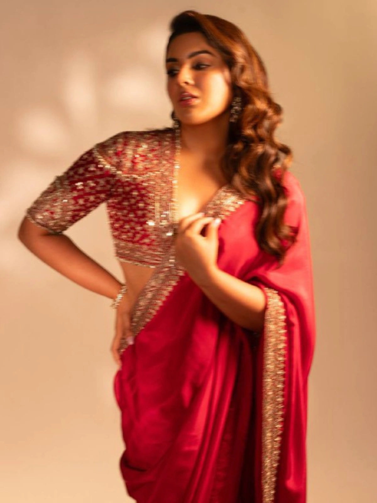 Samyuktha Inspired Red Saree with Golden Embroidery and Matching Designer Blouse Piece-67260994355281
