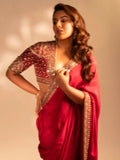 Samyuktha Inspired Red Saree with Golden Embroidery and Matching Designer Blouse Piece