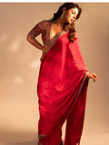 Samyuktha Inspired Red Saree with Golden Embroidery and Matching Designer Blouse Piece