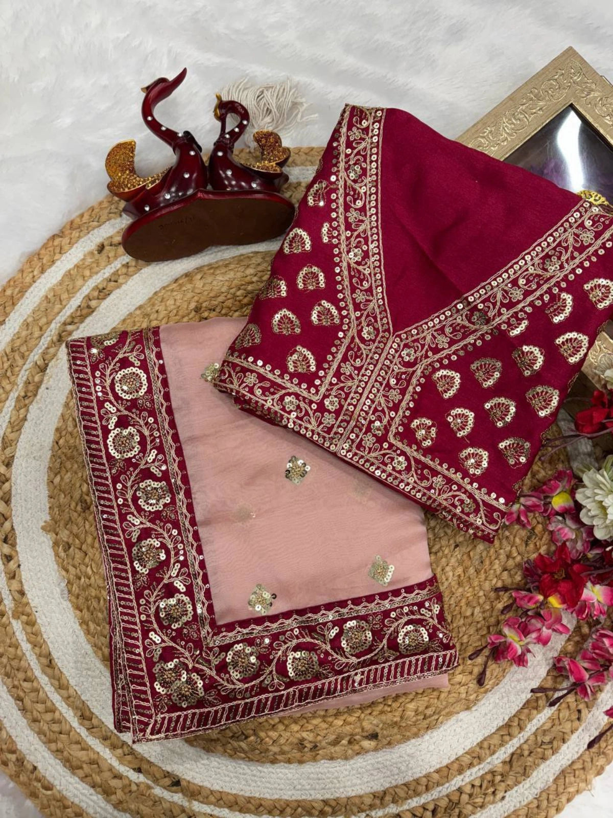 Soft Pink Saree with Delicate Golden Motifs and Embroidered Maroon Border-67269294030929