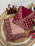 Soft Pink Saree with Delicate Golden Motifs and Embroidered Maroon Border