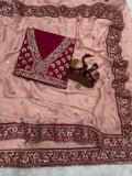 Soft Pink Saree with Delicate Golden Motifs and Embroidered Maroon Border