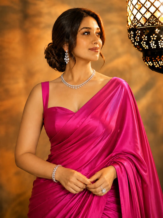 Pink Satin Saree with Unstitched Matching Blouse Piece-73996071043153