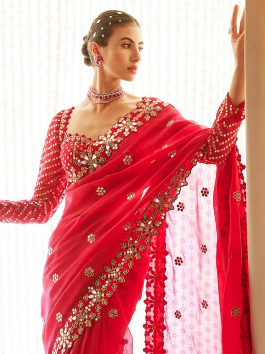 Bollywood Inspired Red Mirror Work Saree with Intricate Floral Detailing
