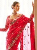 Bollywood Inspired Red Mirror Work Saree with Intricate Floral Detailing
