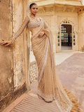 Bollywood Inspired Golden Honeycomb Pattern Net Saree with Tassel Border