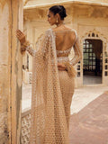 Bollywood Inspired Golden Honeycomb Pattern Net Saree with Tassel Border