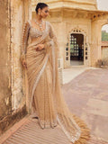 Bollywood Inspired Golden Honeycomb Pattern Net Saree with Tassel Border