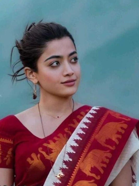 Rashmika Inspired Festive Saree with Temple Motif Golden Border